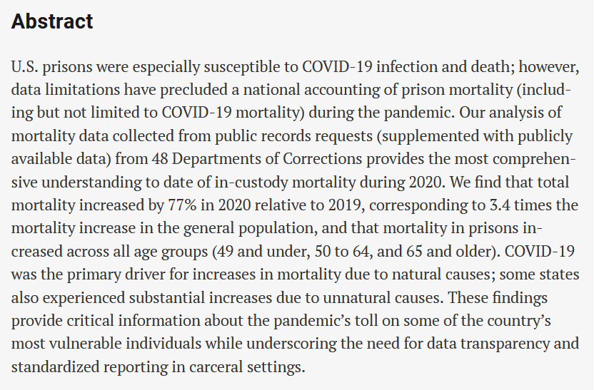 New🔥article out in <a href="/ScienceAdvances/">Science Advances</a> about the especially deadly impacts of covid in US prisons. Thanks to <a href="/NaomiSugie/">Naomi Sugie</a> <a href="/kristinturney/">Kristin Turney</a> @KerametR @erin_secrist <a href="/DrMonikJimenez/">Monik DECARCERATE Jiménez, ScD (she/ella/Dr)</a> and co-authors for your important research.  Always open access thru: science.org/doi/10.1126/sc…