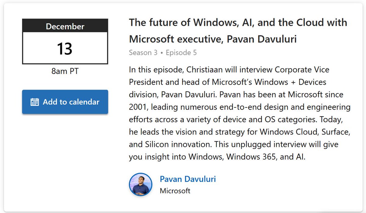 MUST ATTEND! Wanna learn everything about the #future of #Windows, #AI, and the #Cloud with Microsoft executive, Pavan Davuluri? This is your chance! This exclusive interview will be streamed on December 13th at 8 AM PDT. This unplugged interview will give you insight into