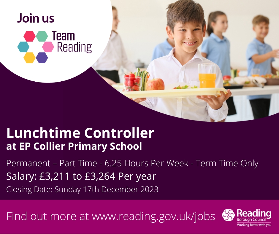 EP Collier Primary School are looking to appoint a Lunchtime Controller who is enthusiastic and self-motivated to join our team supporting our friendly children. This vacancy is for 1¼ hours a day between 11:45am and 1:00pm. To apply visit: rdguk.info/ZMh1v