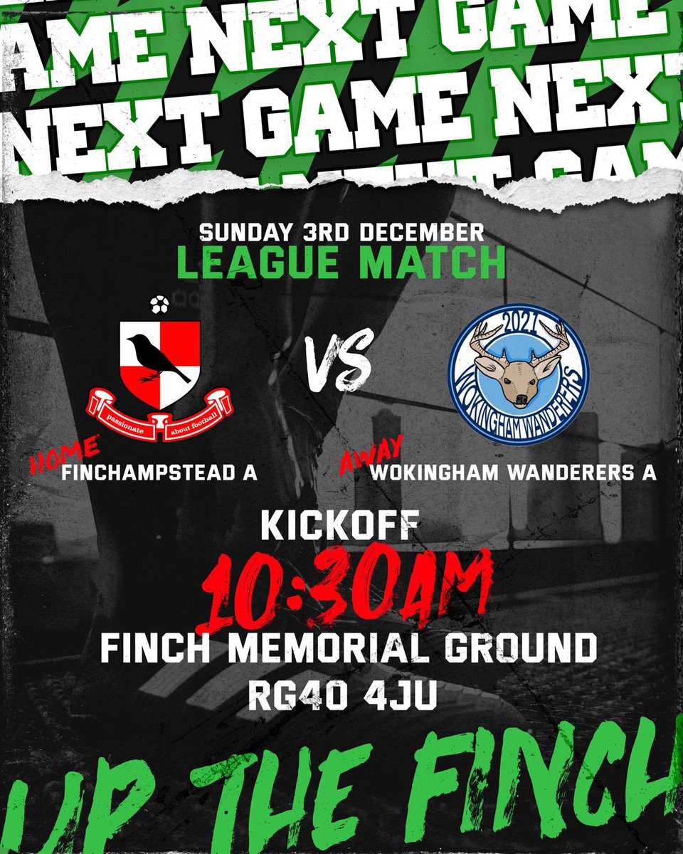 It’s Game Week!!!

We’re back in league action at home to a new foe in <a href="/wandererswoko/">Wokingham Wanderers</a> looking to get back to winning ways after last weeks cup exit! Come down and show the lads some support!

#UPTHEFINCH 🟢⚫️