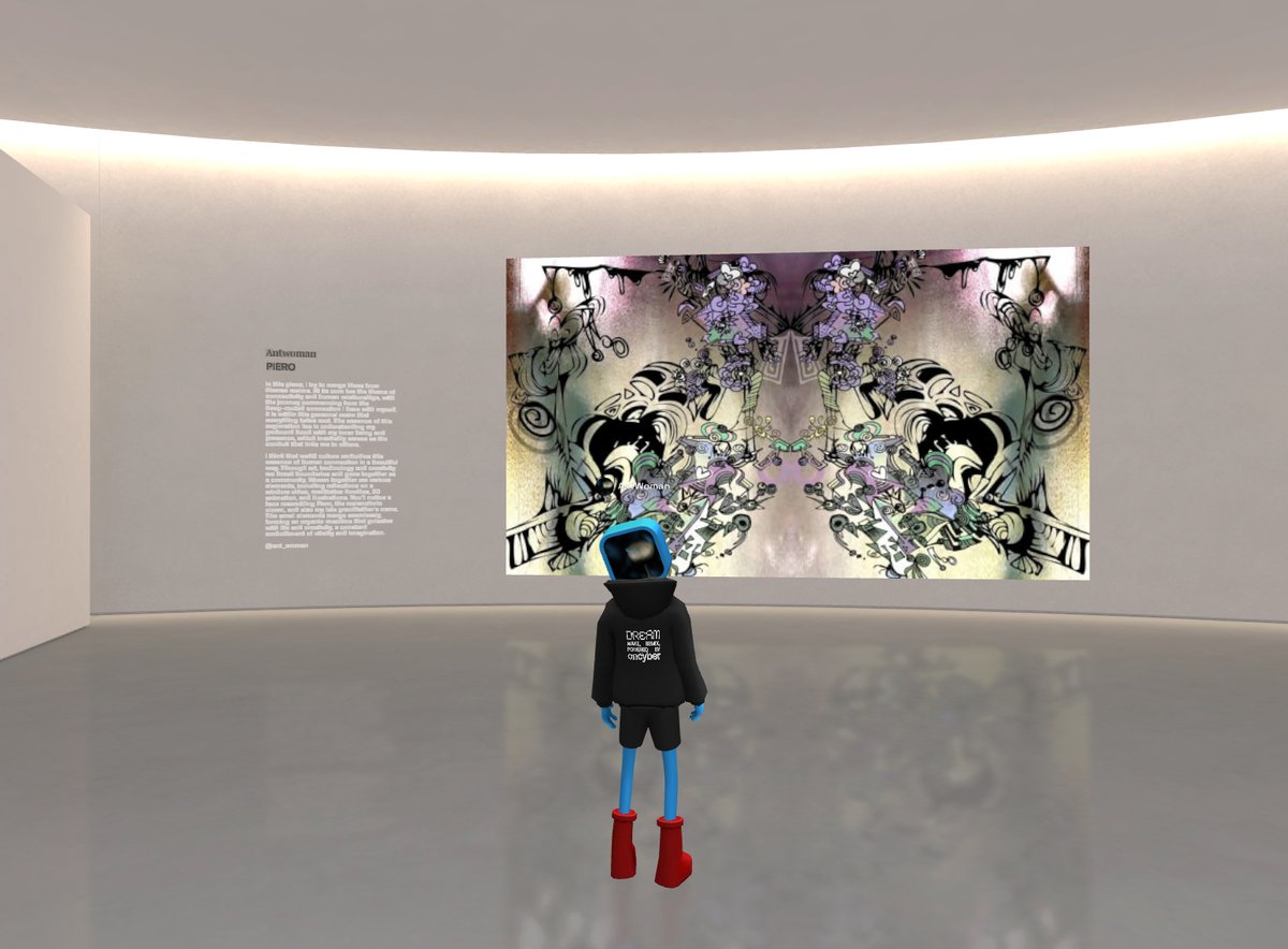 ant_woman's tweet photo. Vibing with my friends at the opening of Supercommunity exhibition on Oncyber 🚀🥳

(on the wall - a still image from my new video, soon to be released on FND) https://t.co/5LuZg5BEyL