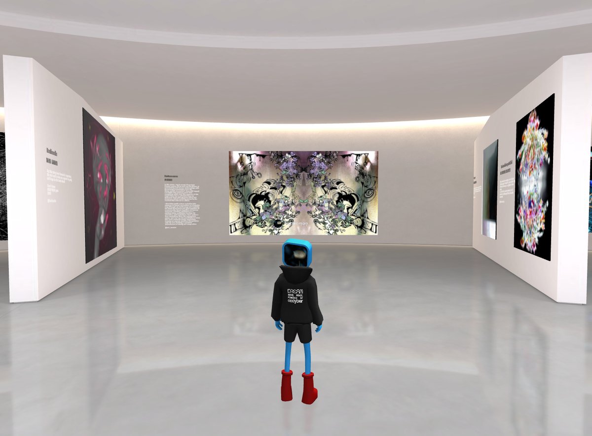 ant_woman's tweet photo. Vibing with my friends at the opening of Supercommunity exhibition on Oncyber 🚀🥳

(on the wall - a still image from my new video, soon to be released on FND) https://t.co/5LuZg5BEyL