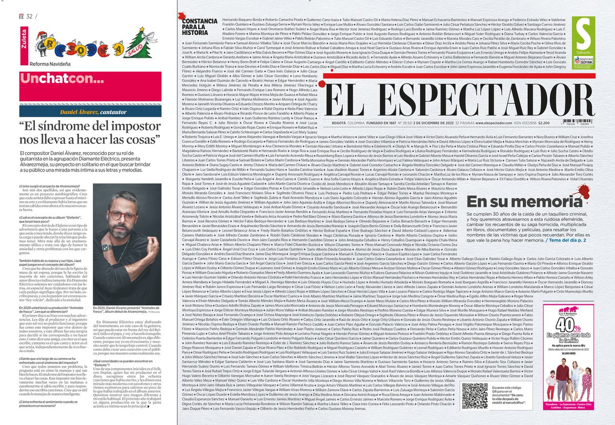 Portada del diario El Espectador. Se cumplen 30 años de la caída de un taquillero criminal. Por las víctimas es que vale la pena hacer memoria, no nos cupo una sola páginas para nombralas a todas.