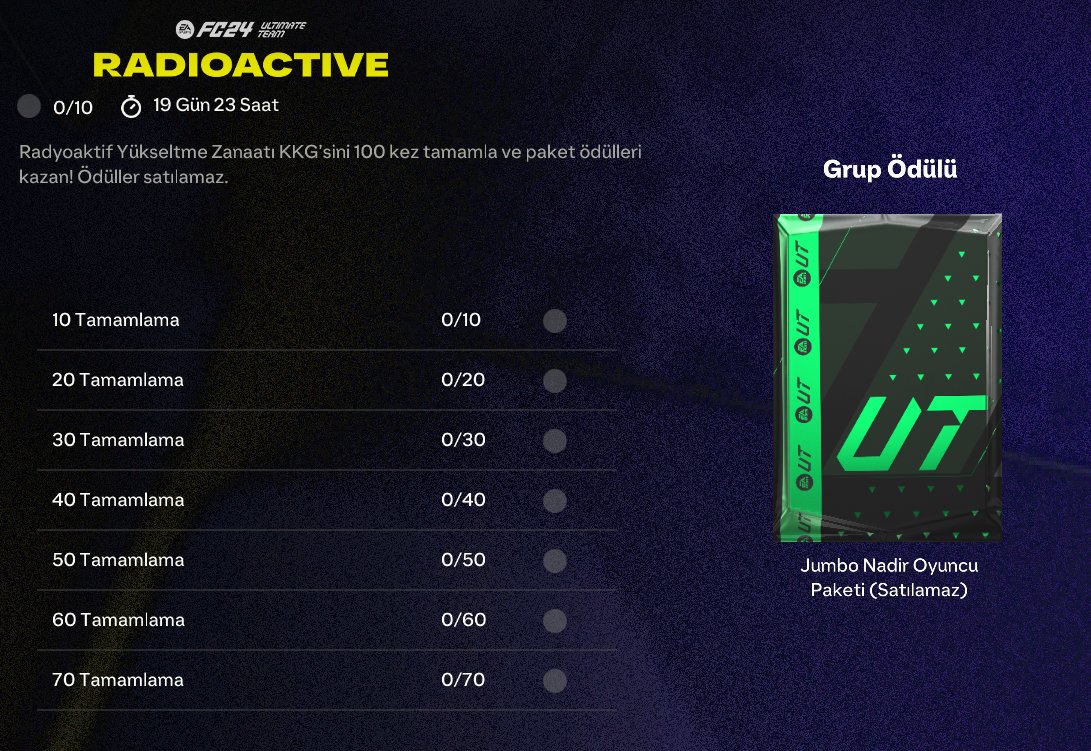 Bugün gelen Radyoaktif Yükseltme Zanaatı Görevini 100 defa tamamlayarak:

- Jumbo Nadir Oyuncu Paketi
- 83+ Oyuncu Seçimi
- Küçük Üst Düzey Altın Oyuncu Paketi
- Nadir Altın Paketi
- Premium Altın Oyuncu Paketi
- 80+ x10 Oyuncu Paketi
- 84+ x2 Oyuncu Paketi
- Nadir Oyuncu Paketi