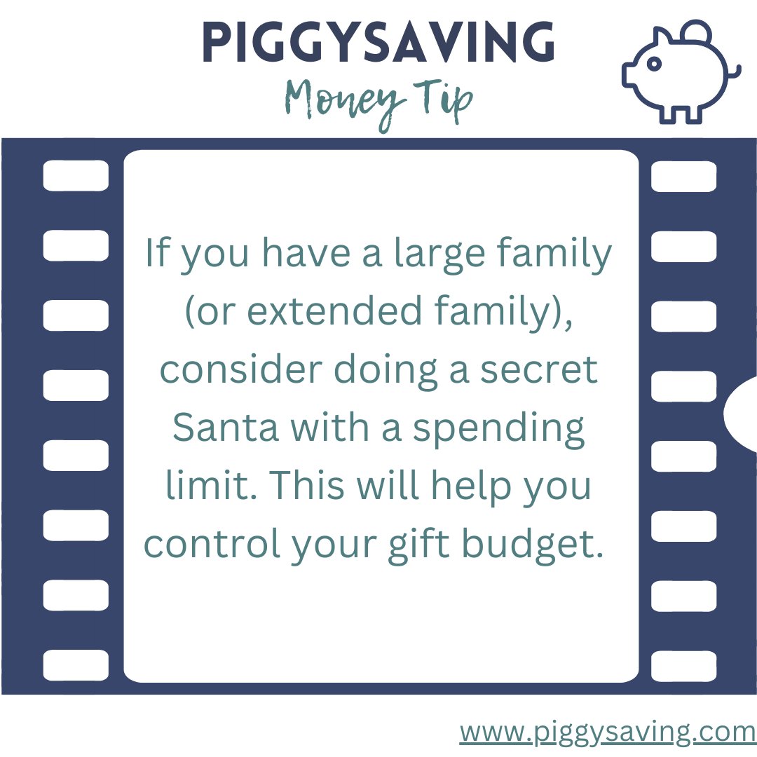 piggysaving's tweet photo. If you have a large family (or extended family), consider doing a secret Santa with a spending limit. This will help you control your gift budget. #christmasiscoming #moneytips https://t.co/n0YUCtUsoU