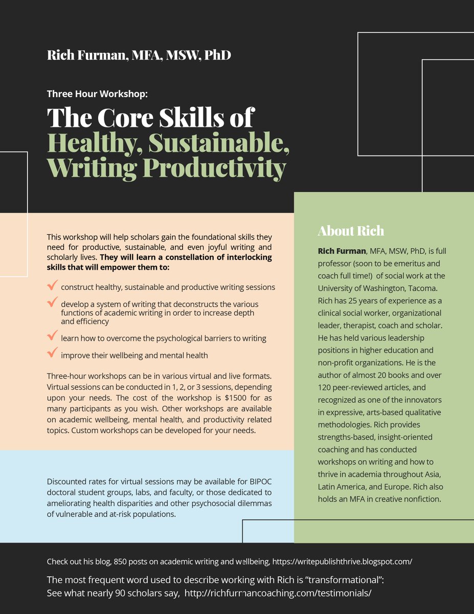 I have openings for coaching and my 3 hour workshop on the core skills of healthy, sustainable writing productivity. Foci on academic mental health and wellness, thriving on the the tenure track, career exploration, WRITING #AcademicTwitter #academicmentalhealth