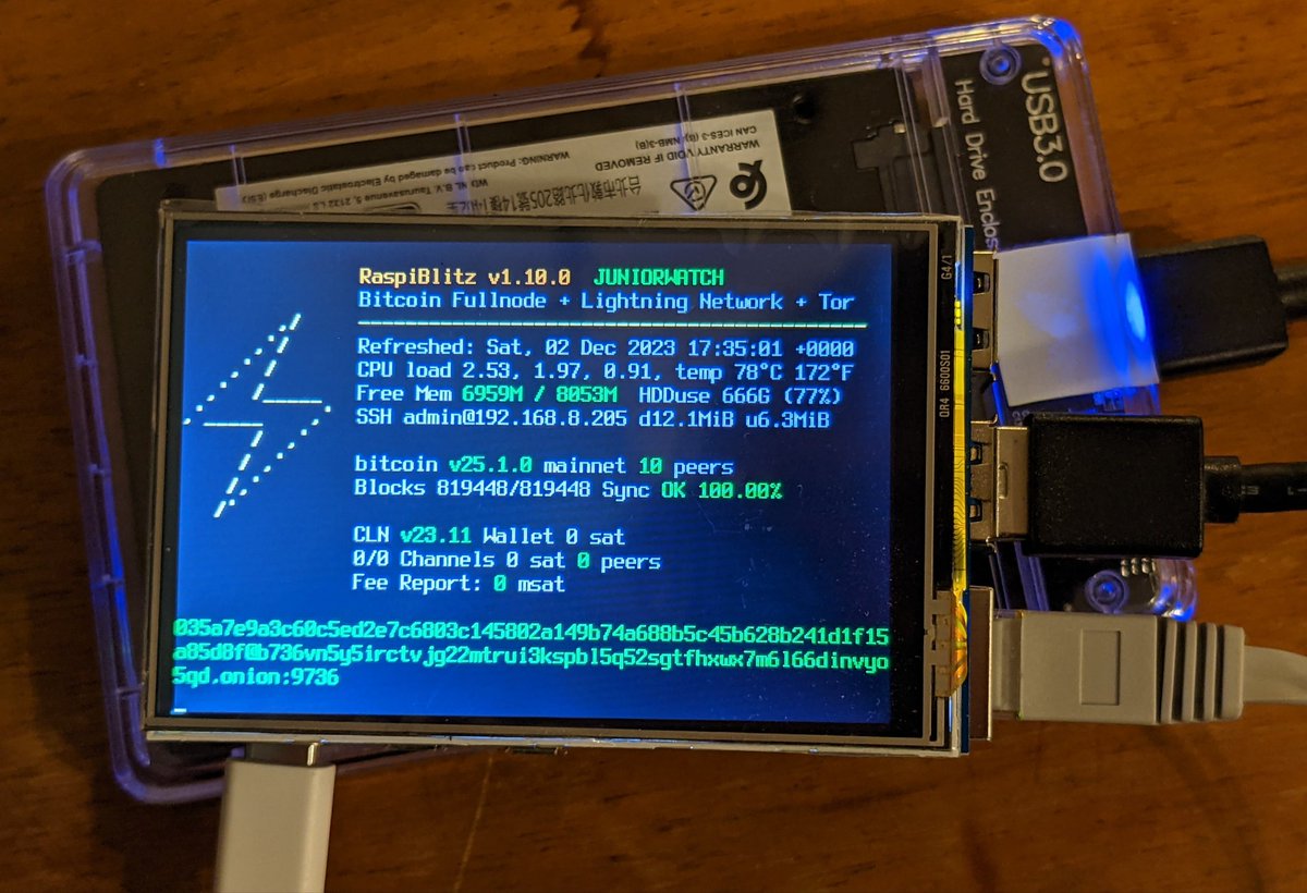 Got my first Raspberry Pi 5 #bitcoin and #lightning ⚡ node
Running an auto-built #Raspiblitz test image on it already, seems really fast.
Swapped the SDcard and the SSD from an RPi4 node. There are no obvious compatibility issues (as expected).