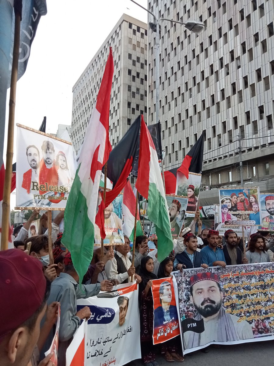 Pashtun Tahaffuz Movement (PTM), National Democratic Movement (NDM), and Pashtunkhwa Mili Awami Party (PKMAP) at a protest in support of Afghan refugees and against racism towards Pashtuns, at Karachi Press Club