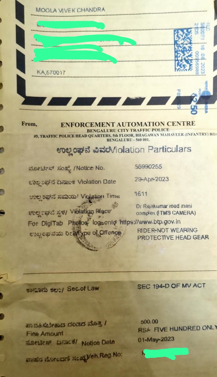 mvivekc's tweet photo. @blrcitytraffic I've been sent a fine despite both rider and pillion wearing helmet. How do I get this rectified?. You can check the image attached with the notice number. https://t.co/N573FrnBdA