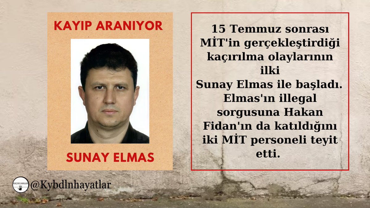 MİT tarafından kaçırılan, işkence edilen, sorgusuna eski MİT Başkanı şimdiki Dışişleri Bakanı Hakan FİDAN'ın da katıldığı belirlenen eğitimci Sunay Elmas yaklaşık 8 yıldır kayıp. 

Sunay Elmas'a ne oldu? <a href="/HakanFidan/">Hakan Fidan</a> 

#TenkiliUnutturma