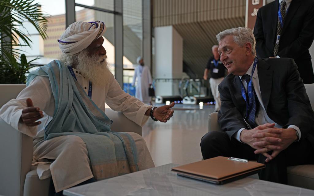 FilippoGrandi's tweet photo. An honour to meet @SadhguruJV at #COP28 . His work to #SaveSoil is crucial to address #climate factors in forced displacement.

We at #UNHCR look forward to working with @cpsavesoil on the plight of those most impacted by climate change and least responsible for it. https://t.co/8wPRYN6IEa