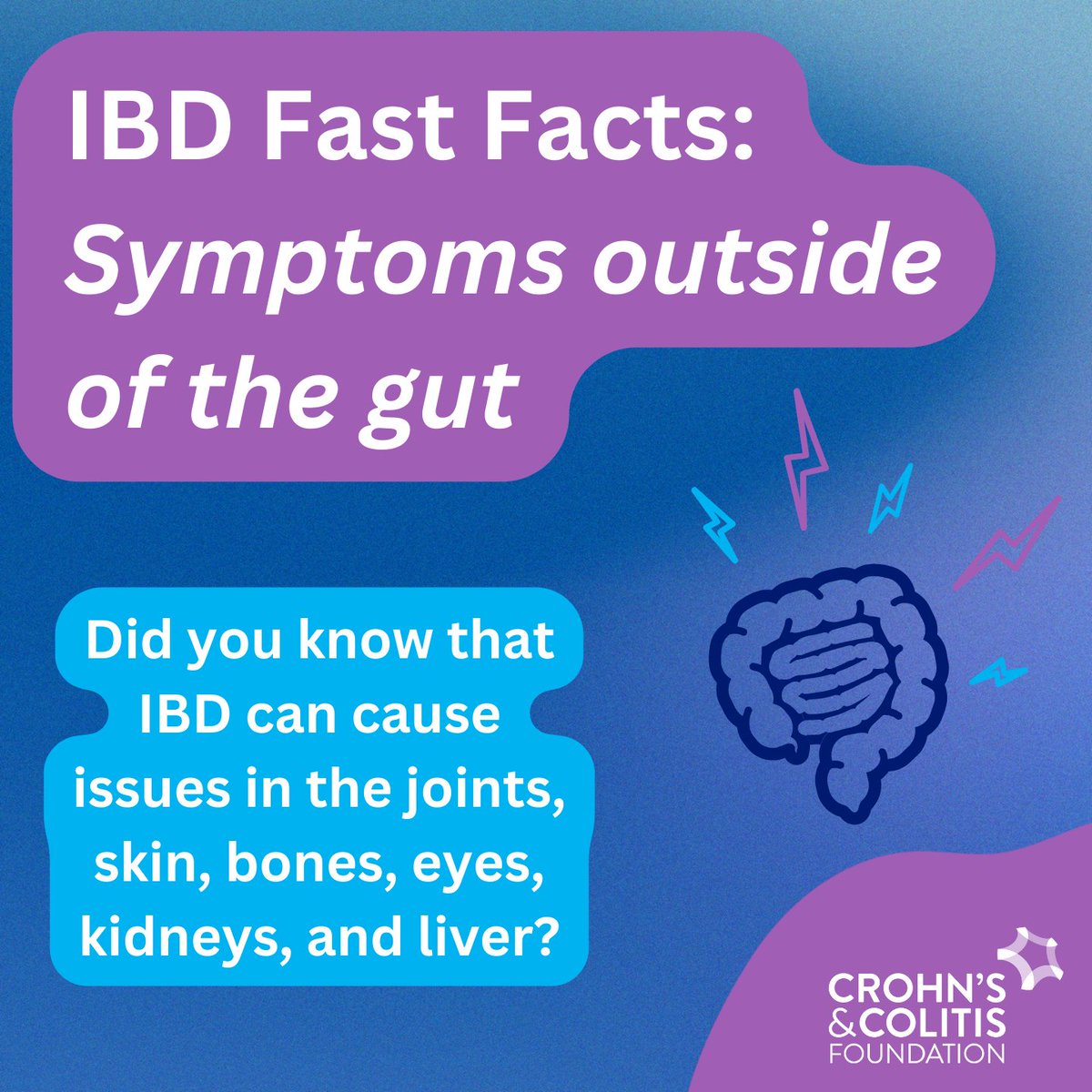 CrohnsColitisFn's tweet image. When IBD affects other parts of the body besides the gut, this is known as an extraintestinal manifestation (EIM) or complication. Between 25-40% of IBD patients experience EIMs. Learn more about EIMs here: bit.ly/3GqKUyd
#IBDvisible #CCAwarenessWeek