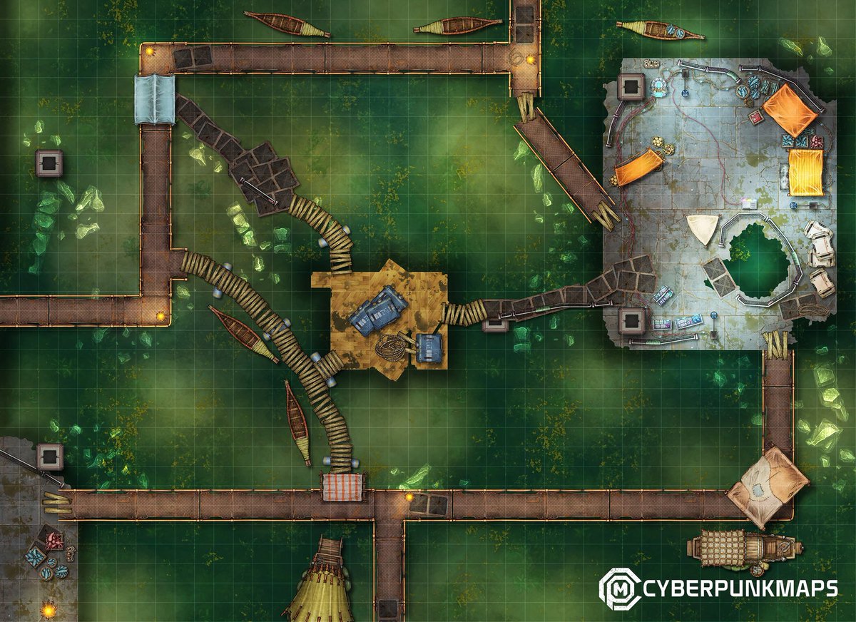 cyberpunkmaps's tweet photo. The flooded slums have formed into a sort of black market where smugglers and all kinds of hustlers gather to trade threir goods. 

Now on Patreon!

This map was made by a human artist using @inkarnaterpg 's EA sci-fi style. 

#cyberpunkred #shadowrun #ttrpg #selfpromosaturday https://t.co/w1cjmJR6Y7