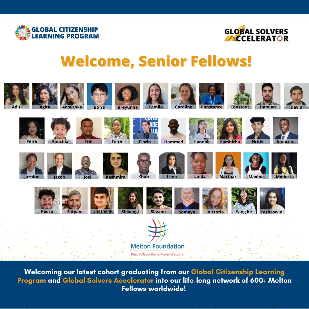 MFGlobalCitizen's tweet photo. 🌍✨ Welcome, dear Melton Fellows graduating from the #GlobalSolversAccelerator and #GlobalCitizenshipLearningProgram 2023, to the esteemed and life-long Senior Melton Fellowship! 🌟
#IAmAMeltonFellow #WhatMeltonFellowsDo #GlobalCitizenship #DeepCollaborations #PowerfulActions https://t.co/7QNr0lhbEO