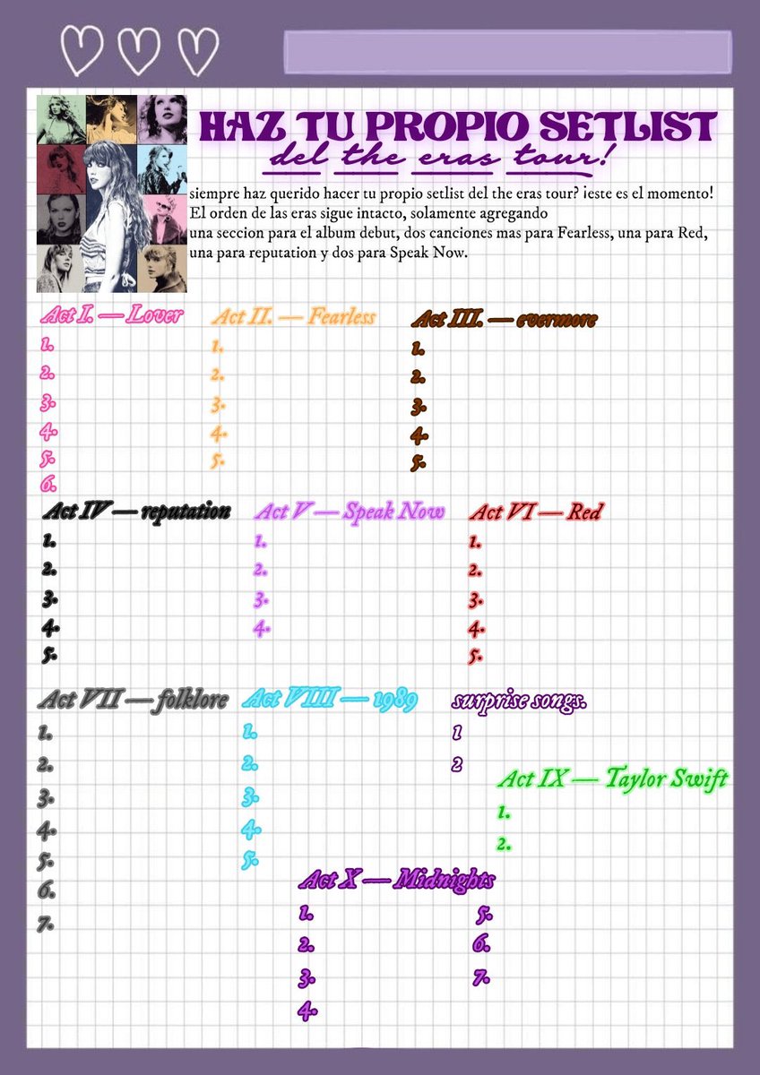 ccswiftiemexa's tweet image. HAZ TU PROPIO SETLIST 
del the eras tour! ♡

una mini dinámica para que se distraigan. citen con sus respuestas.