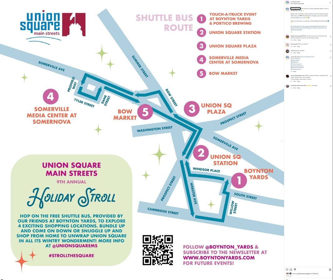 The joyful noise you hear from the Holiday Stroll is at shuttle stop #4! Come see us at the *other* end of Union Square at stop number 4!
<a href="/AllAbout02143/">Union Sq Main Street</a> #UnionSquareHolidayStroll #WhereIsSpicyG?