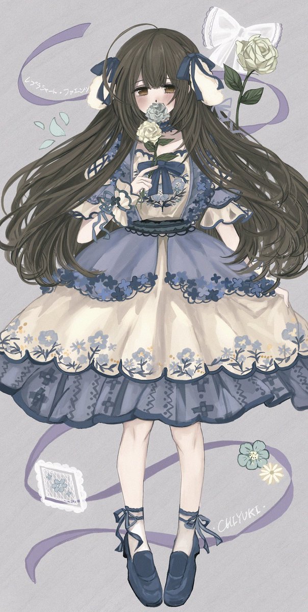 1girl flower solo dress long hair white flower holding flower  illustration images