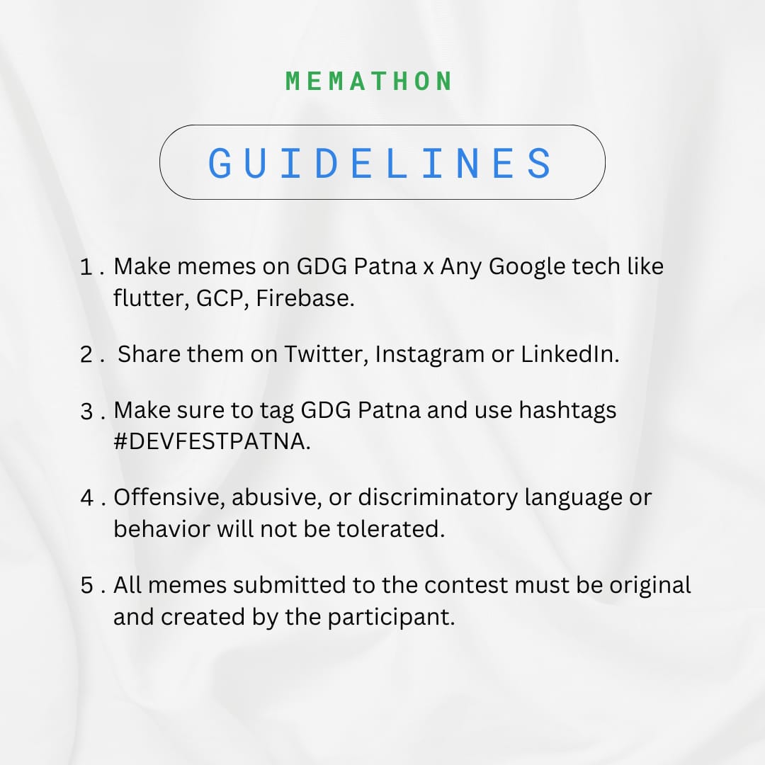 GdgPatna's tweet photo. 1. Create a hilarious meme related to technology.
2. Share your meme on Twitter, Instagram, or LinkedIn by December 10th, 2023
3. Tag GDG Patna and use the hashtag #devfestpatna in your post.
4. Wait for the results to be announced at *Devfest Patna '23 on December 17th, 2023 https://t.co/50y799zDCN