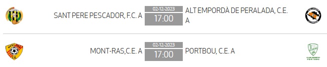👉 Jornada 12 #3Cat G.1
📆 Dissabte 2 de desembre a les 17h.

🔴 Fi partits
🏟 Municipal Sant Pere Pescador
⚽️ <a href="/fcsantpere/">F. C. Sant Pere Pescador</a> - Alt Empordà (2-1)

🏟 Municipal de Mont-Ras
⚽️ <a href="/CE_Mont_ras20/">CE Mont-Ras</a> - Portbou (4-2)

#SantPereAltEmpordà #MontRasPortbou