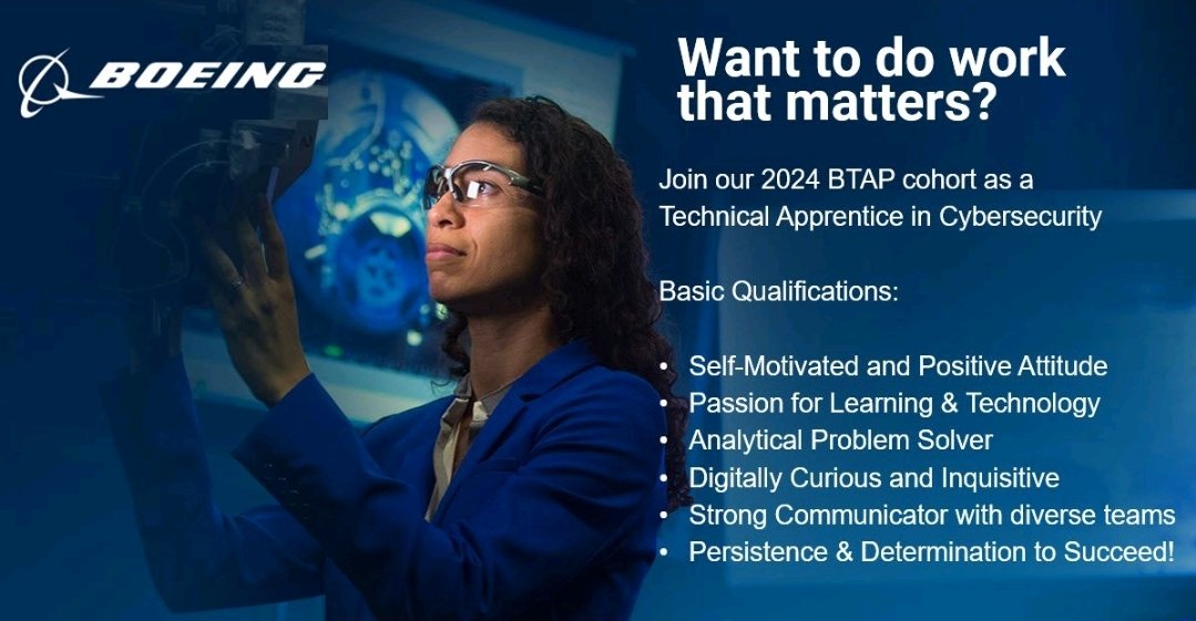 The Boeing Technical Apprenticeship Program is a 12-month paid technical apprenticeship to prep for a FT role. Learn &amp; apply core/foundational tech skills that result in certs
⌛1-year fellowship
💰Pay up to $65K
🥳Onsite