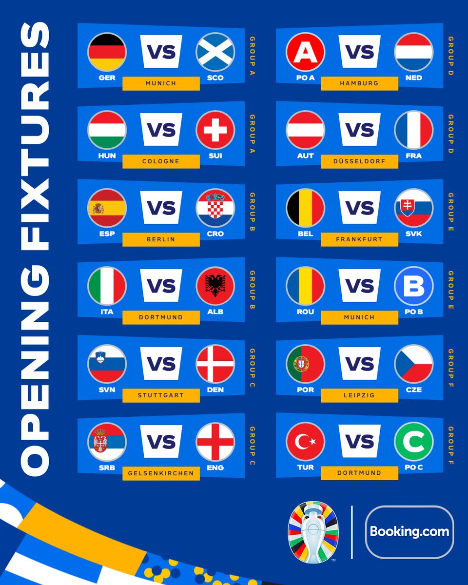 The opening fixtures 🤩 Which one would you most want to be at? #EURO2024 | #EUROfixtures | @bookingcom