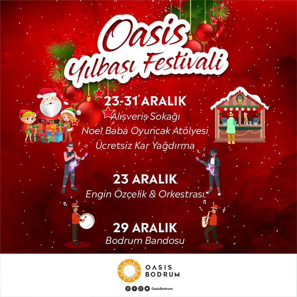 oasisbodrum's tweet photo. 2024 için geri sayım başladı! 🎅🏽

23 - 31 Aralık tarihleri arasında Alışveriş Sokağı, Noel Baba Oyuncak Atölyesi, Canlı Müzik, Bando Gösterisi gibi çeşit çeşit etkinliklerin gerçekleşeceği Yılbaşı Festivalimize davetlisiniz. ❄️⛄️🎄

#oasisbodrum #yılbaşıfestivali https://t.co/a6qgFJjKys