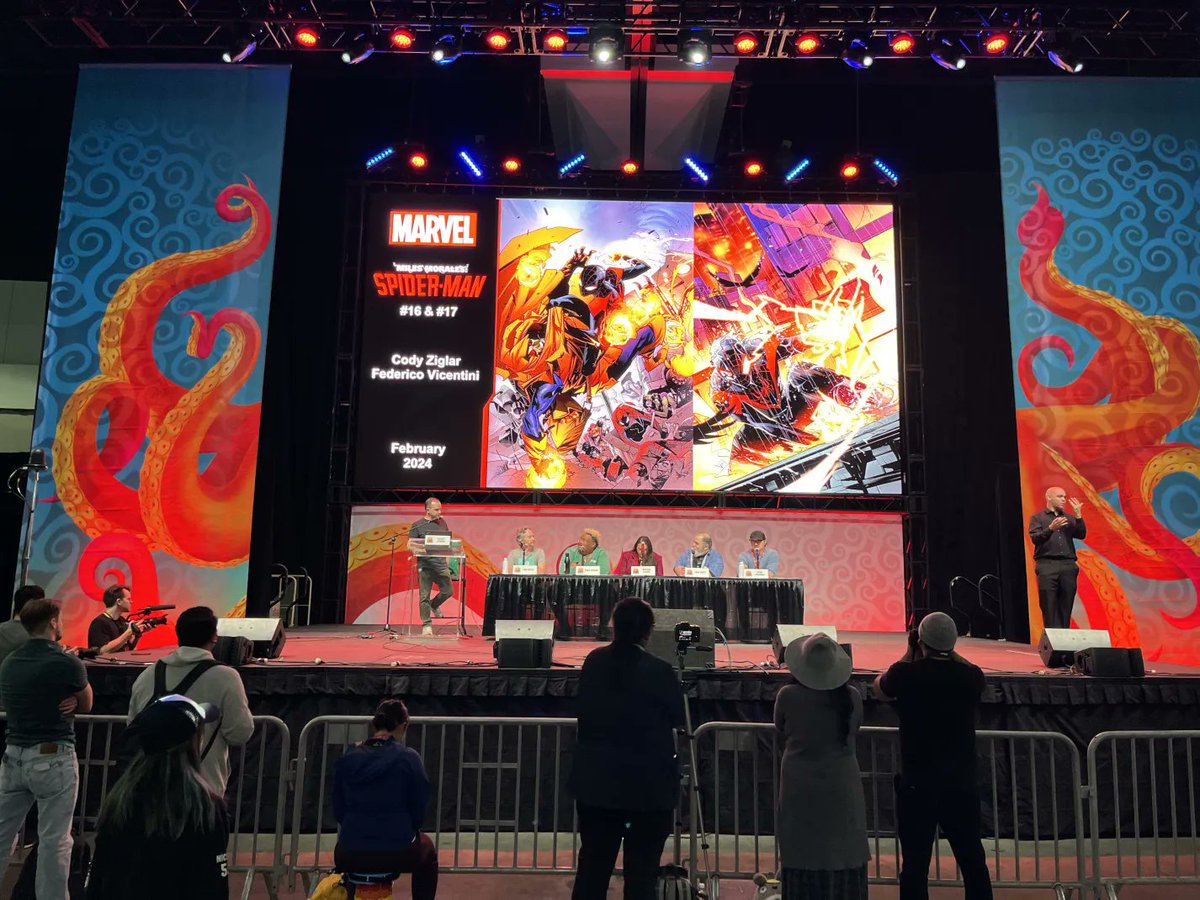 Our own @CJWritesThings is at @comicconla, check out some shots from the #SpiderMan Gang War panel featuring @zebwells, @yayforzig, @RyanStegman, @DanSlott and @misty_flores! #comics #MilesMorales #Marvel @FredVice_Art