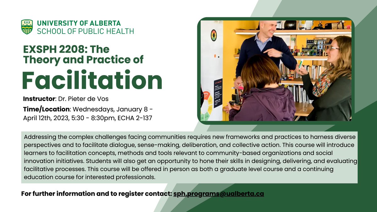 If you want to hone your skills in facilitation, check out the course below! Students will have an opportunity to learn more about facilitation tools and practices that they can apply in the community.