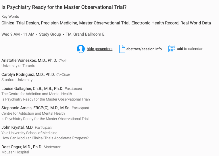 Looking forward to #ACNP2023 and to our session Wednesday morning with @CRodriguezMDPhD @dost_ongur @lgallagh_louise Stephanie Ameis & John Krystal. If you're interested in improving clinical trials, via clinical cohorts, biomarkers, EHR & real world data, this one's for you !