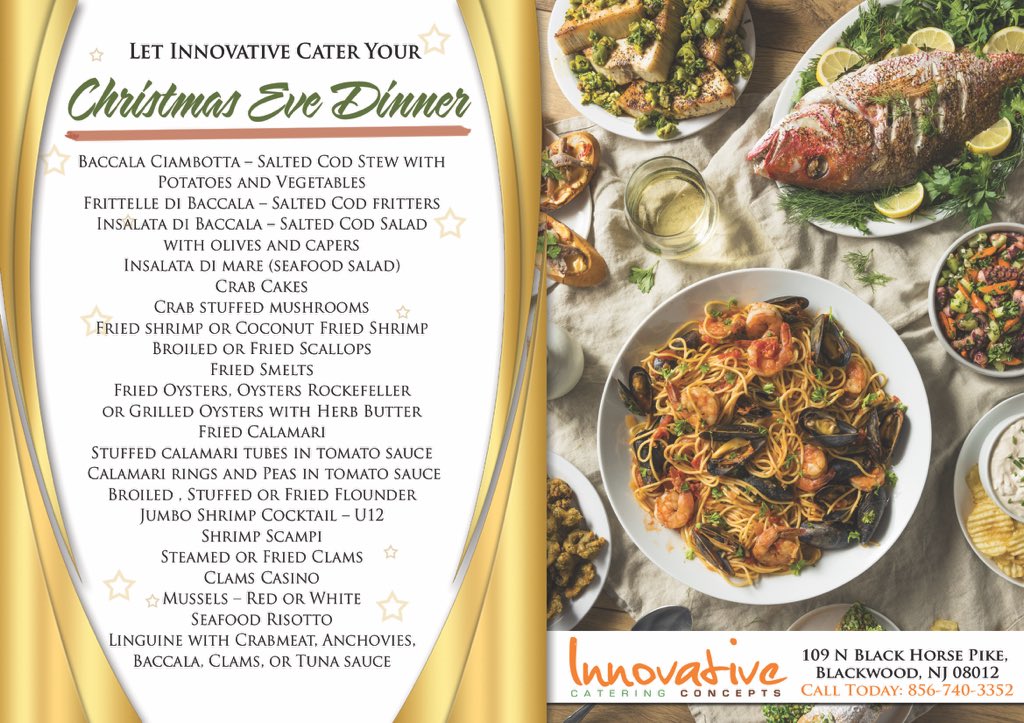 Feast of the 7 fishes (La Cena della vigilia) Order your trays today. Starting at $60. Delivery available. Call 856.740.3352 or email info@icccatering.com for more information. Tell a friend! #sevenfishes #alwaysinnovative #feastofthesevenfishes