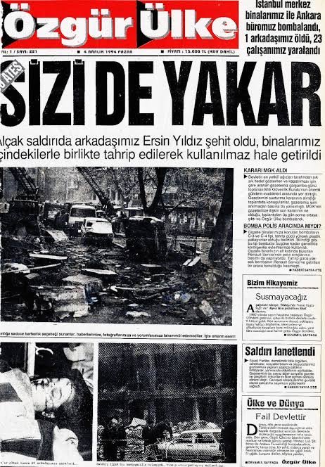 3 Aralık 1994., Tam 29 yıl önce Özgür Gündem ve Ülke gazeteleri eş zamanlı olarak bombalandı. Ersin Yıldız yaşamını yitirdi. Bugüne kadar HİÇ KİMSE CEZA almadı!! Katiller serbest..