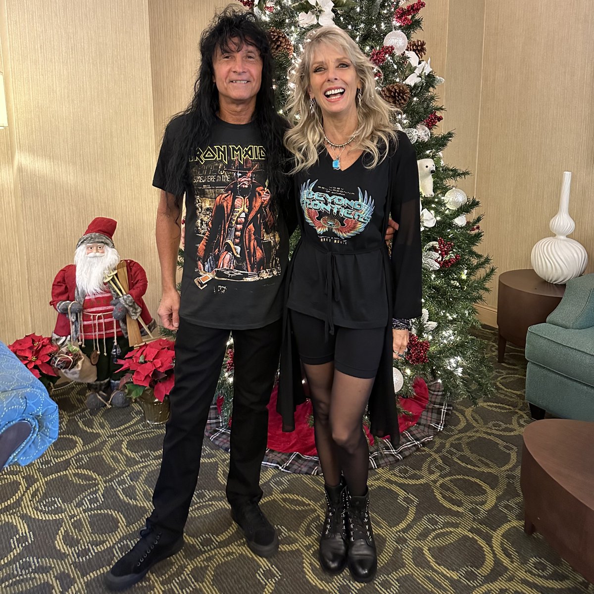 Krista and I in the Christmas spirit before today's show in Coral Springs, FL! #joeybelladonna #nickomcbrain #BeyondFrontiers #IronMaiden