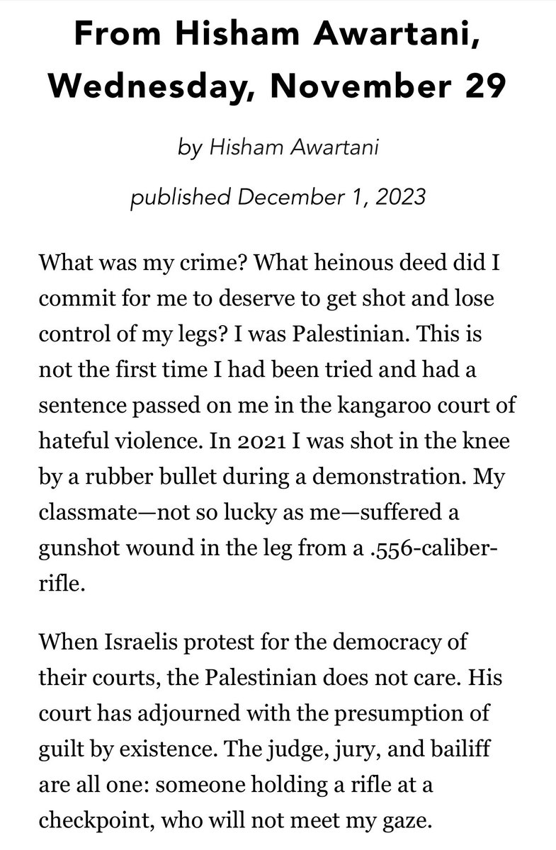 wawog_now's tweet photo. “What was my crime? What heinous deed did I commit for me to deserve to get shot and lose control of my legs? I was Palestinian.” full text of the powerful statement by Hisham Awartani, one of the Palestinian students attacked in Vermont earlier this week https://t.co/SSmoMt9aLV
