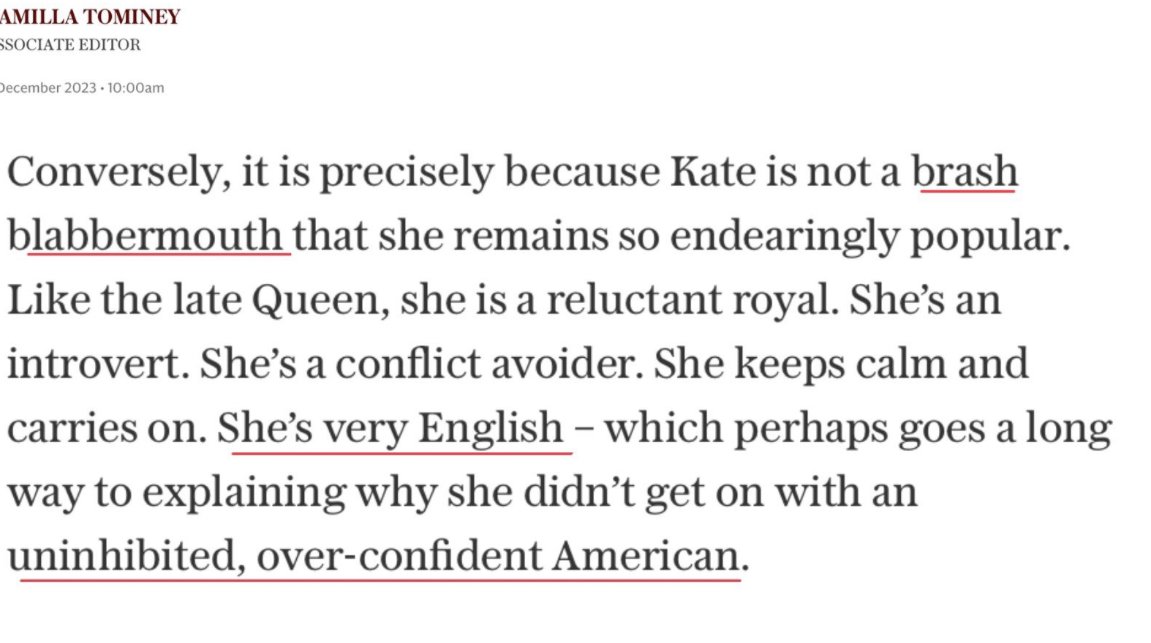 Mu_Ri_Elle's tweet photo. - Nov 2022: #KateMiddleton is a good little girl, she doesn’t say much.
She doesn’t do anything. She is a very traditional, old-fashioned, mute woman.
- Dec 2023: she's not a brash blabbermouth (Camilla Tominey).
Is this supposed to make Middleton look good?? https://t.co/I2axsQvWSl