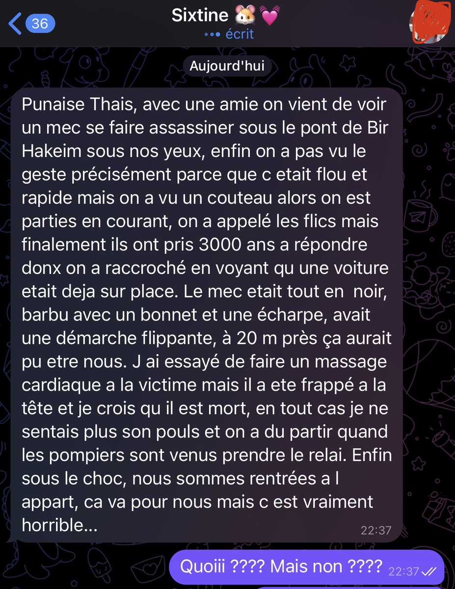 ThaisEscufon's tweet image. Je vis dans un pays où ma petite sœur de 22 ans fait des massages cardiaques en rentrant d’après-midi entre amies, parce que des types qui n’ont rien à faire sur notre sol plantent des innocents aux cris d’Allah Akbar.

À 20m près ça aurait pu être elle, et ce soir j’ai la haine.