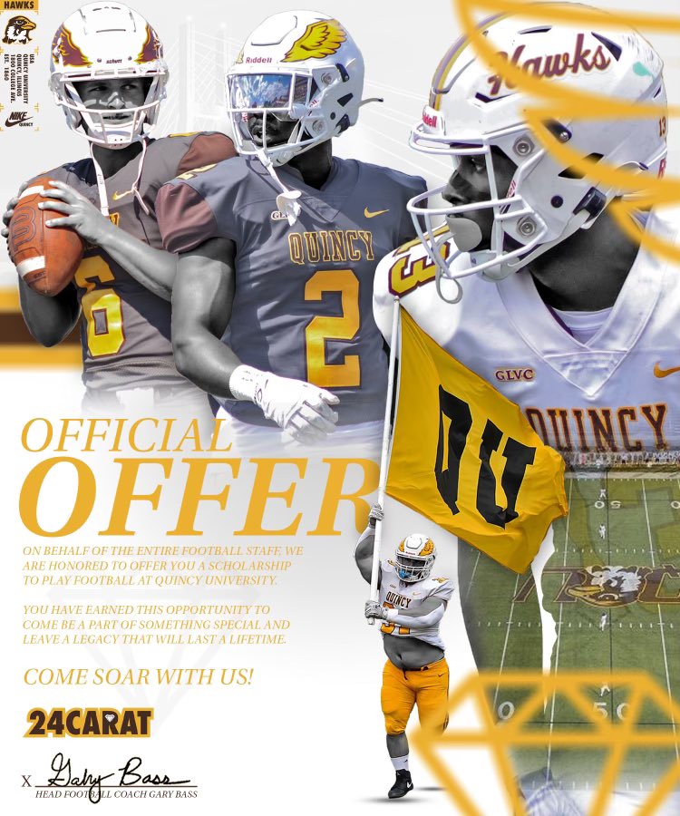K___Nine's tweet photo. After a great conversation and visit with @melvinbrock02 I am blessed to receive an offer to play football at Quincy University!!! #PEWAV #24Carat @GaryBassQU @QUHawksFootball 

@jonhebb @CoachTS11 @CoachTroy51 @PrepRedzoneIL @6starfootballIL @CoachBigPete @EDGYTIM https://t.co/fSIueDgA4t