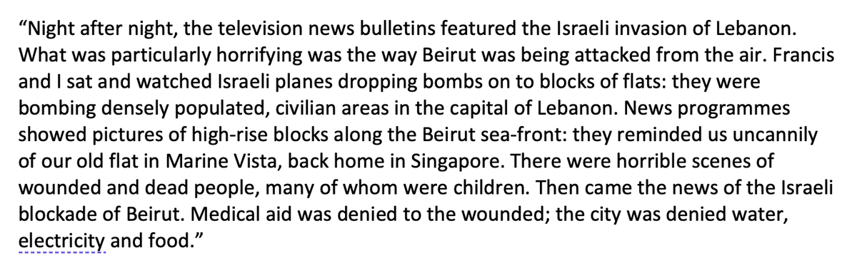 purplecanute's tweet photo. Hamas' murder and rape of civilians and kidnapping is awful. But two wrongs do not make a right. A worse wrong cannot heal the pain.  Swee Chai Ang wrote these words in 'From Beirut to Jerusalem'  about bombing 41 years ago.  Sounds familiar? Now is the time to stop this horror. https://t.co/Bg2QsprdBQ