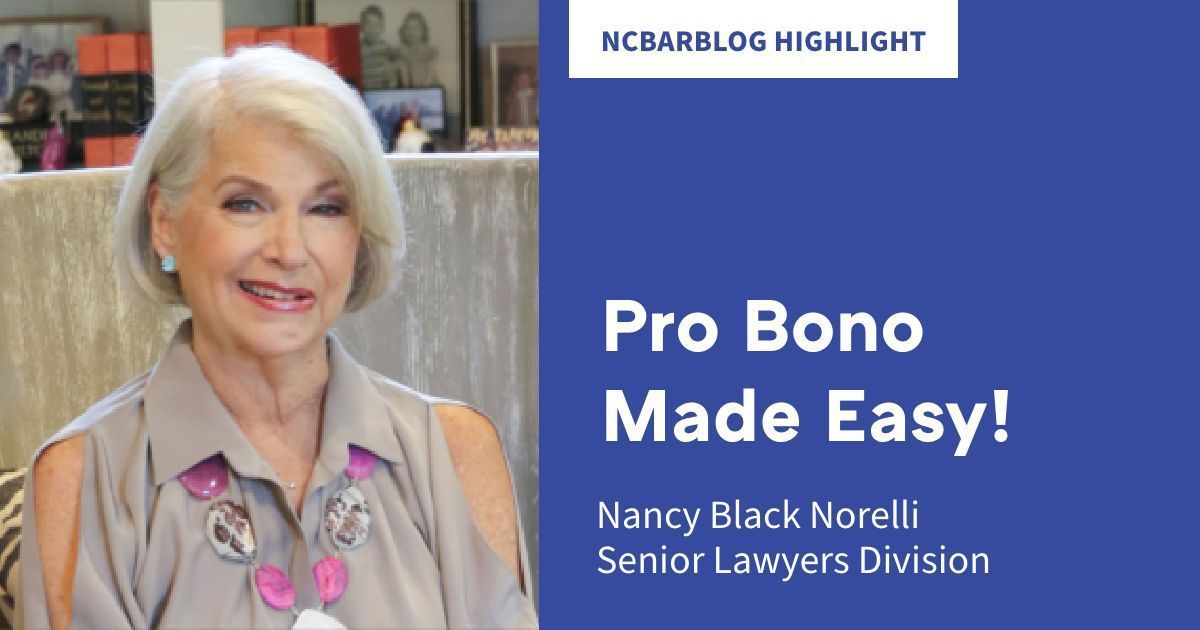 NCBAorg's tweet image. Share your knowledge and experience while serving your community through the several Senior Lawyers' pro bono work options in North Carolina. Learn about these programs and how you can become involved from Nancy Black Norelli on the #NCBarBlog: buff.ly/47CQjOI.