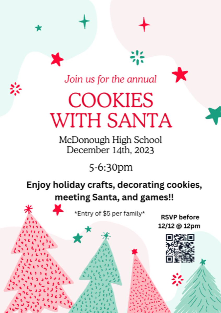 Here at McDonough, we just love having our cookies 🍪 with Santa 🎅...Only $5 per family, December 14th from 5 to 6:30. RSVP by December 12th 😊