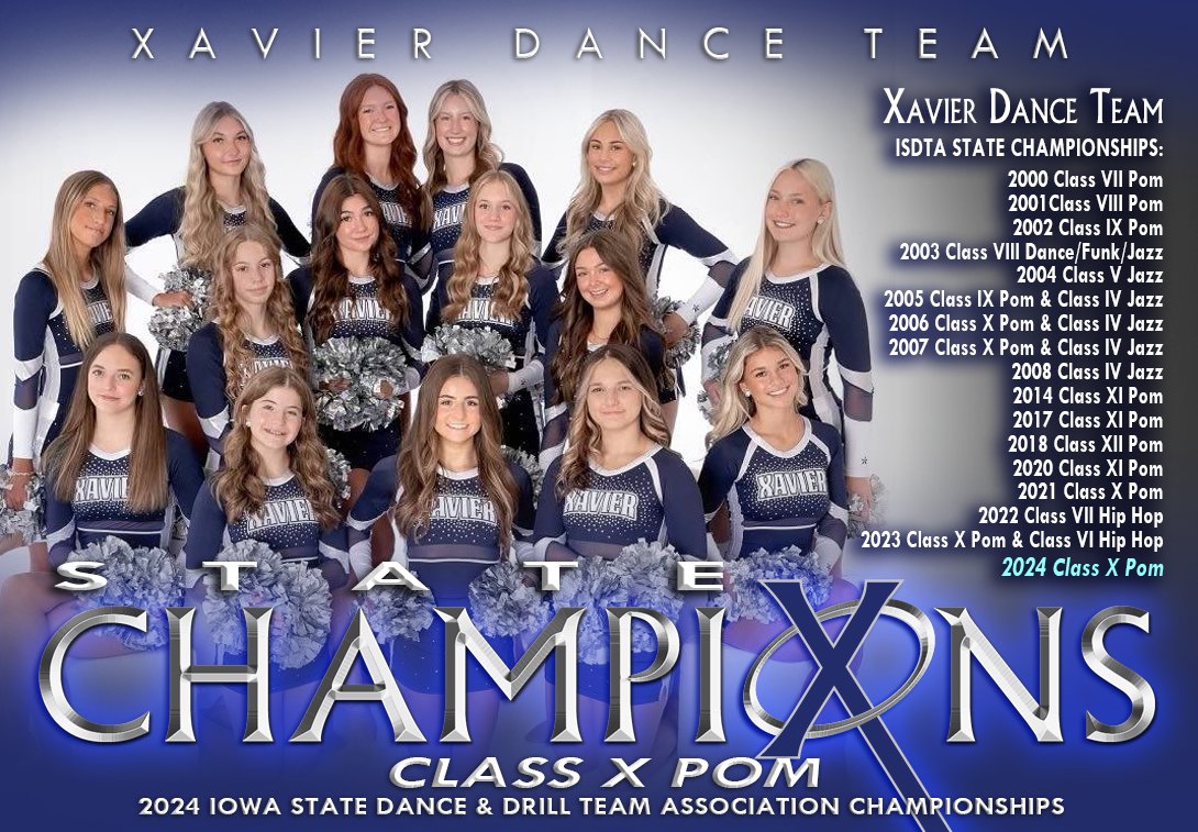 XavierSaints's tweet photo. Congratulations to Coach Jess and XDT earning an ISDTA state title in Class X Pom! The Saints also earned 2nd Place in Hip Hop and 3rd Place in Jazz. Additionally, XDT earned the Team Academic Award! 
#WeAreXavier #BeXceptional https://t.co/W3AafkvqDO