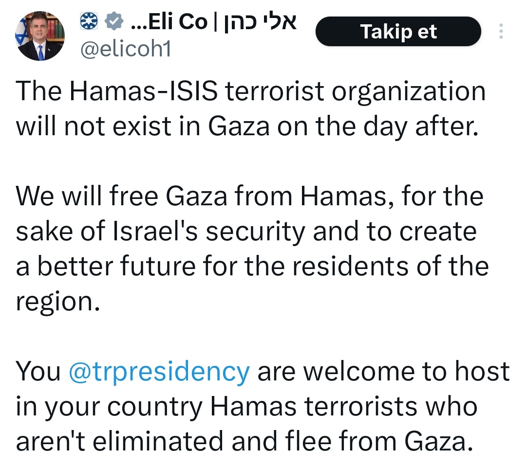 İsrail Dışişleri Bakanı: Öldürmediğimiz/kaçan Hamaslıları (Cumhurbaşkanlığını etiketleyerek) ülkenize alabilirsiniz. Öncelikle bu açıklama, afaki yapılmış bir çıkış değildir. Önce 2022 yılında ABD Hazine Bakanlığının Türkiye-Hamas (maddi) ilişkilerine yönelik soruşturma talebi,