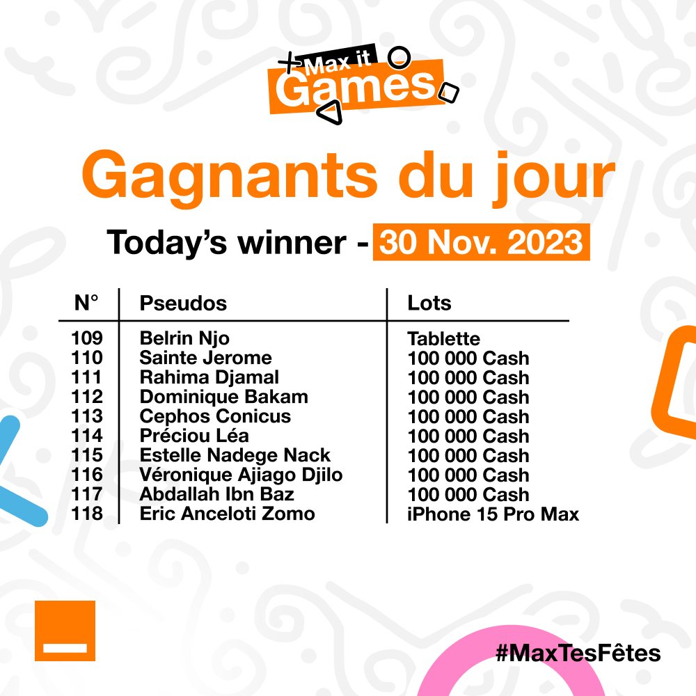 Orange_Cameroun's tweet photo. FĂ©licitations, chers gagnants du Max it Games du 30/11 đ
Vous avez jusquâau 07/12 Ă 17h pour nous transmettre vos coordonnĂ©es (noms et numĂ©ro de tĂ©lĂ©phone en privĂ©).
Passé ce délai, les lots seront annulés.
Merci pour votre fidélité.
#MaxItGames https://t.co/v8ciAdXBWR