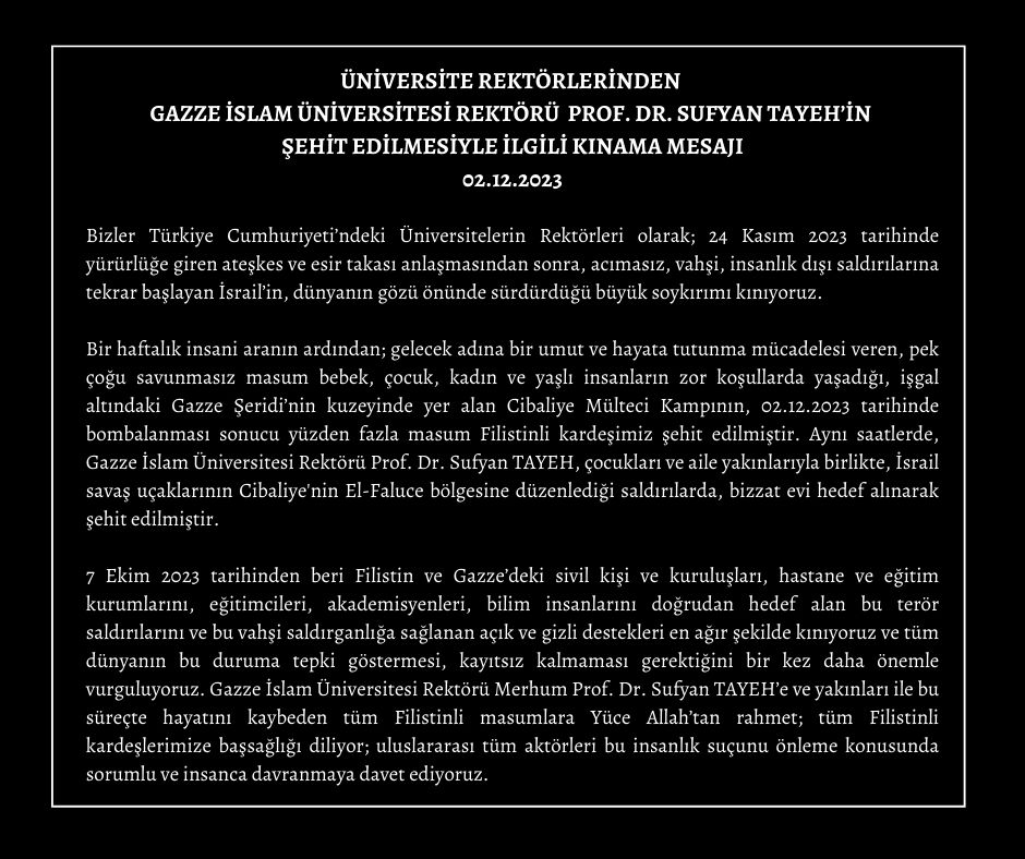 Üniversite Rektörlerinden Gazze İslam Üniversitesi Rektörü Prof. Dr. Sufyan Tayeh'in Şehit Edilmesiyle İlgili Kınama Mesajı. <a href="/profalpayaribas/">Prof. Dr. Alpay Arıbaş</a>