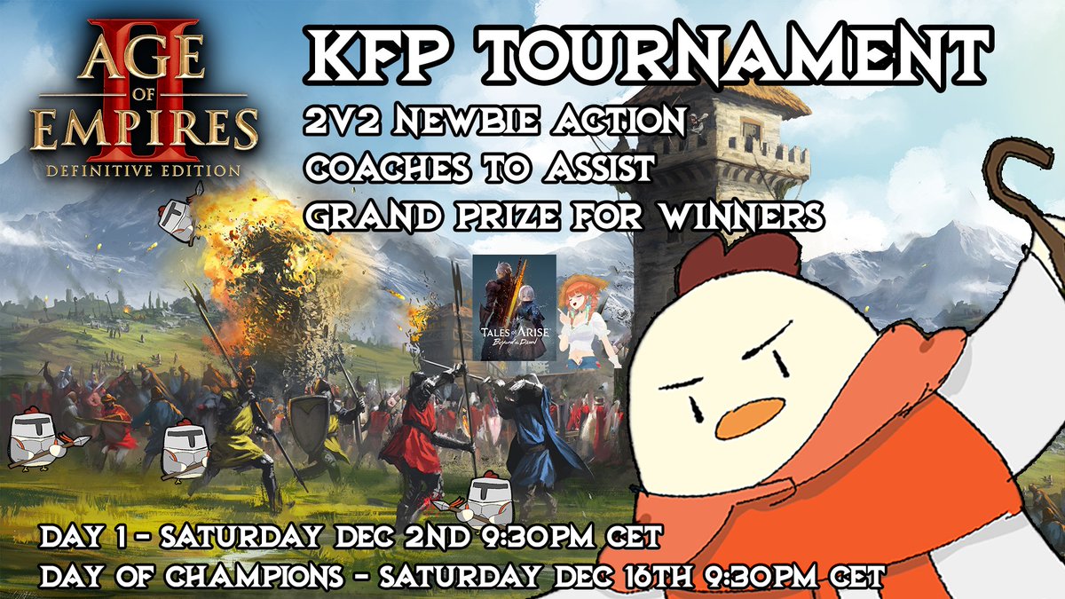 There will be a KFP Age of Empires 2 tournament in about an hour youtube.com/live/FeCB2hCFq… And I'll be your host. Send halp, never YT streamed before. There will be scuff, the Usual Room and more #KFPAoE2