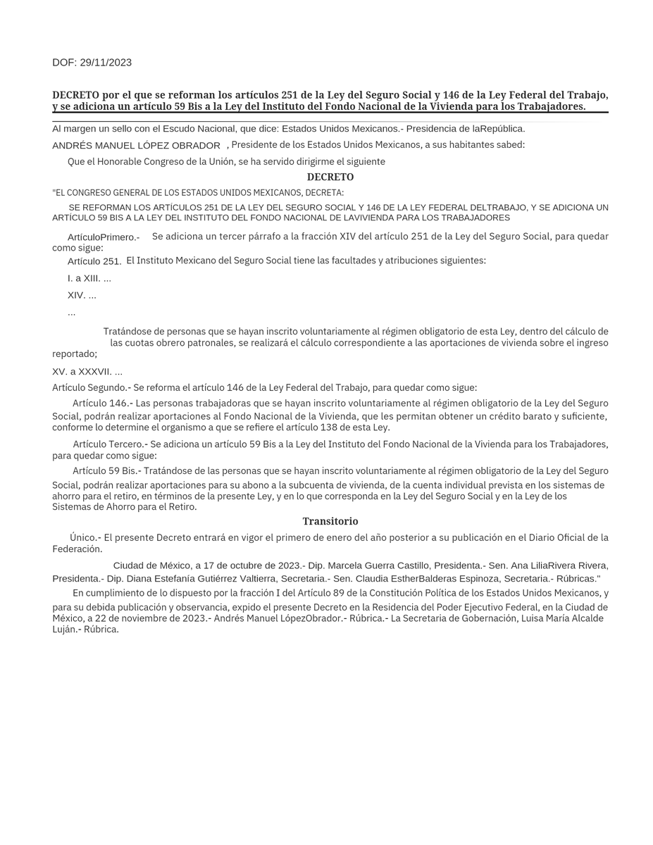 AfimeFiscal's tweet photo. #QueNoSeTePase 🔎

🔵DECRETO por el que se reforman los artículos 251 de la Ley del Seguro Social y 146 de la Ley Federal del Trabajo, y se adiciona un artículo 59 Bis a la Ley del Instituto del Fondo Nacional de la Vivienda para los Trabajadores.

https://t.co/eHcWxpMBHB https://t.co/qBMVk0m6wh