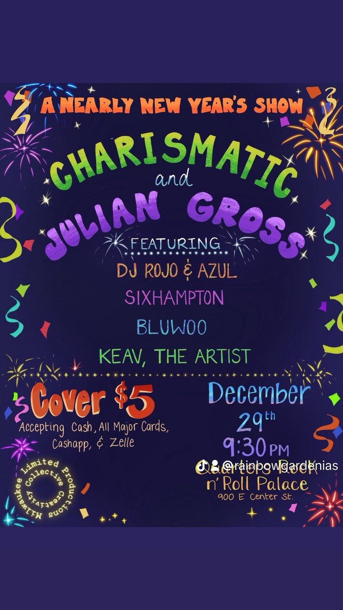 Catch me headlining “A Nearly New Year’s Show” with my dawg #charismaticalmagical #rainbowgardenias #discovermke #indiehiphop #newyear #mkehiphop #milwaukee #holidayplans