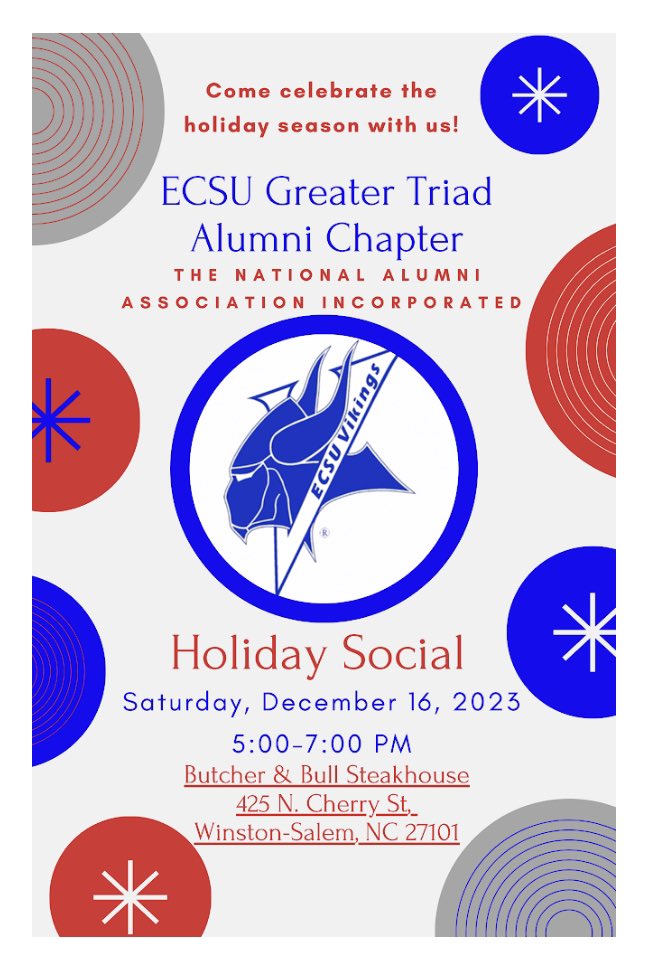 The Annual Viking Holiday Social hosted by the Greater Triad Alumni Chapter will place on Saturday, December 16th at 5pm at Butcher &amp; Bill Restaurant in Winston-Salem. RVSP by 12/11 💙🤍 <a href="/TriadEcsu/">ECSU Greater Triad Alumni Chapter</a>