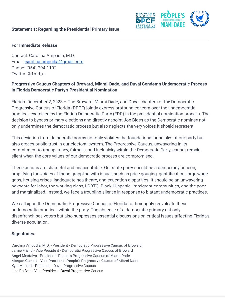 📢 Press Release Announcement 
1️⃣ Presidential Primary Issue:
📷 Read Full Statement Here
The Progressive Caucus Chapters of Broward, Miami-Dade, and Duval strongly condemn undemocratic practices in the @FlaDems Presidential Nomination. 🗣️#Democracy #Progressives #FloridaPolitics