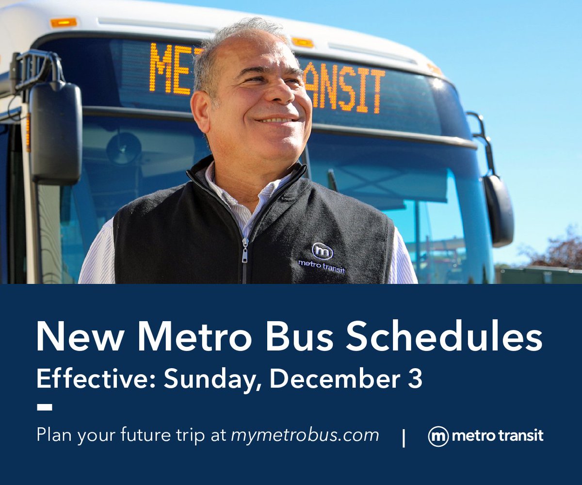 To improve on-time performance & reliability, schedule adjustments will be made to most Metro routes on Sun, Dec 3. In addition, several stops scheduled to close next year will also close on this date to help buses stay on time. Details available here: ow.ly/WYBv50Qeu32