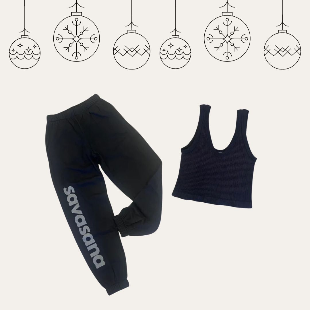 Day 2: Take a deep breath and relax in our Chill Bundle.😎 The cute set includes our soft and toasty Savasana Sweatpants and our Luxe Crop Top. 15% off with the code HOLIDAY. #savasana #croptop #comfy #loungewearlove